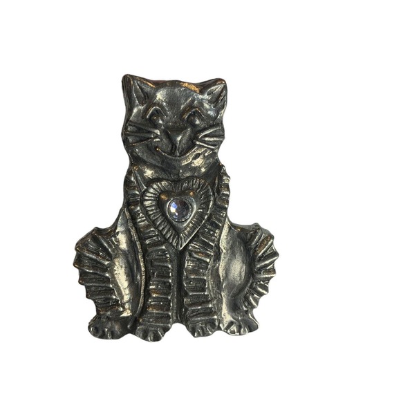 CHICOS Silver Tone Cat Broach Womens Pin Kitten Clear Round Rhinestone Feline - Picture 3 of 7